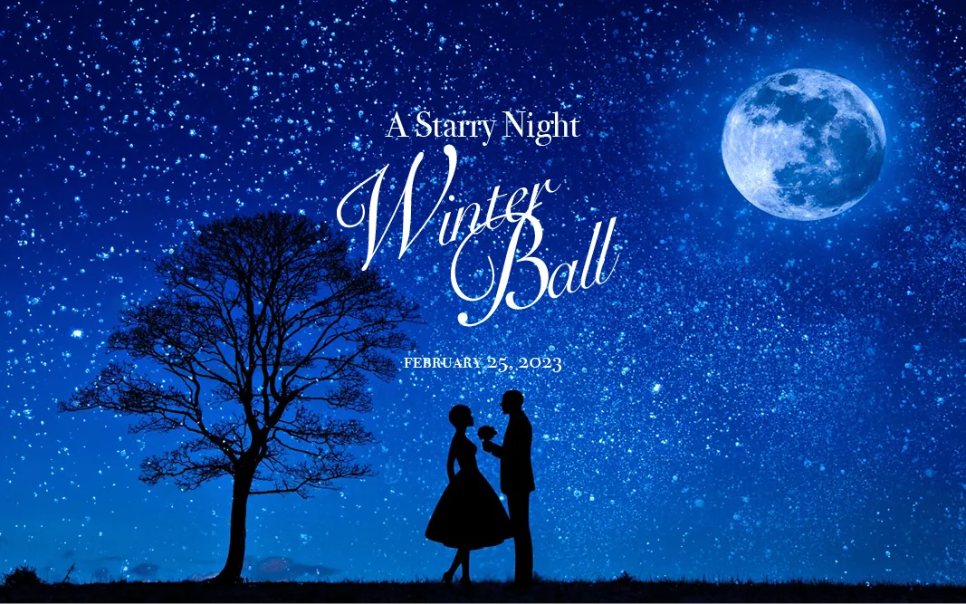 A Starry Night Winter Ball, February 25, 2023: a couple in silhouette beneath a bare tree, a full moon, and a sky full of stars.
